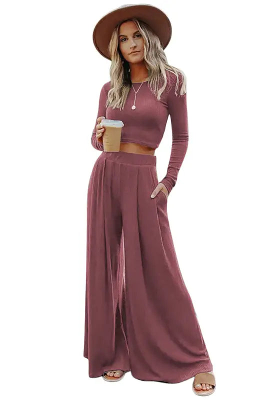 Ribbed outfit set - crop top palazzo pants - sets