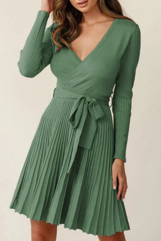 Ribbed pleated sweater dress - belted - green / s / 50% viscose + 28% polyester + 22% polyamide - dresses