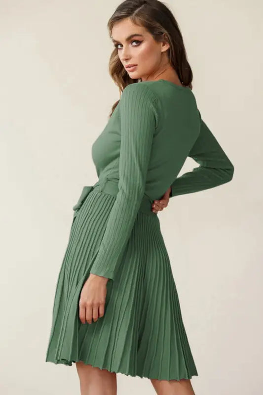 Ribbed pleated sweater dress - belted - dresses