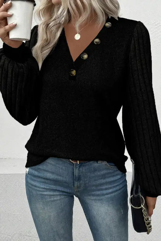 Ribbed puff sleeve top - black / s / 95% polyester + 5% elastane - long tops