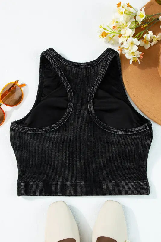 Black ribbed mineral wash racerback cropped tank top - tops