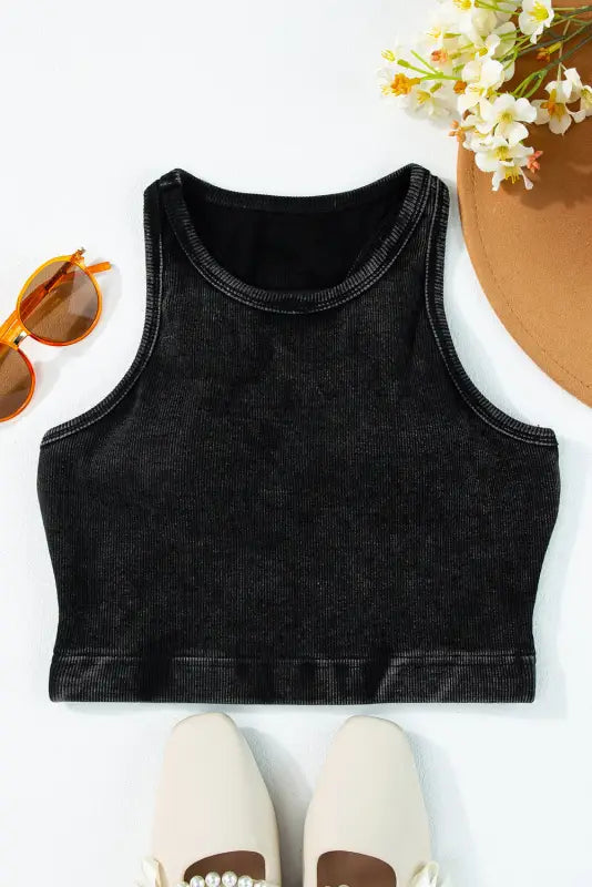 Black ribbed mineral wash racerback cropped tank top - tops