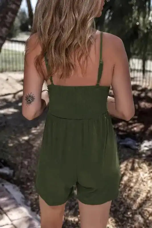 Moss green ribbed spaghetti strap romper back view — Fashionfitz UK