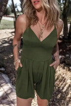Ribbed Romper - Moss Green Spaghetti Straps Cinched Waist - Fashionfitz