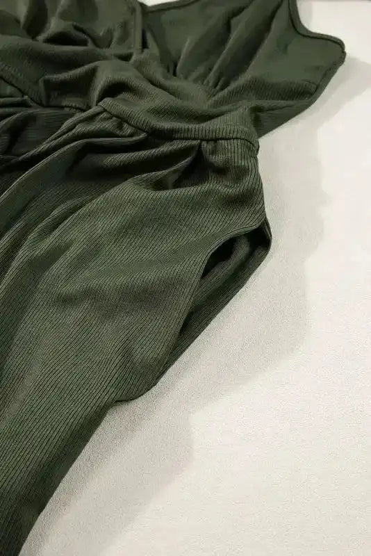Ribbed Romper - Moss Green Spaghetti Straps Cinched Waist - Fashionfitz