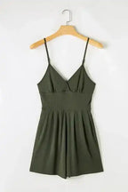 Ribbed Romper - Moss Green Spaghetti Straps Cinched Waist - Fashionfitz