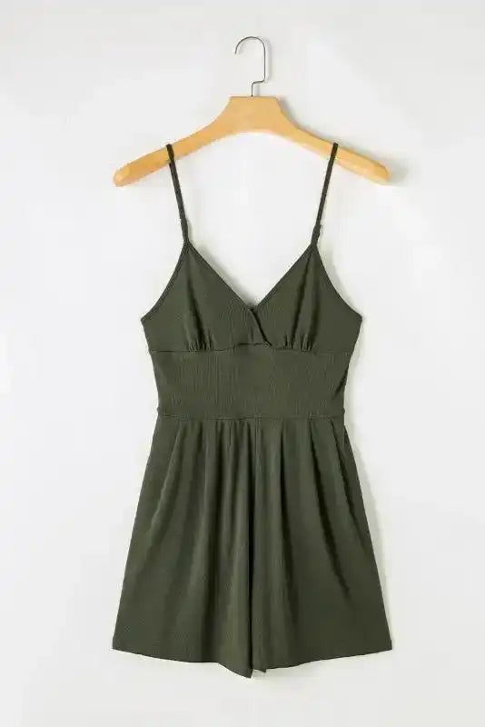Ribbed Romper - Moss Green Spaghetti Straps Cinched Waist - Fashionfitz