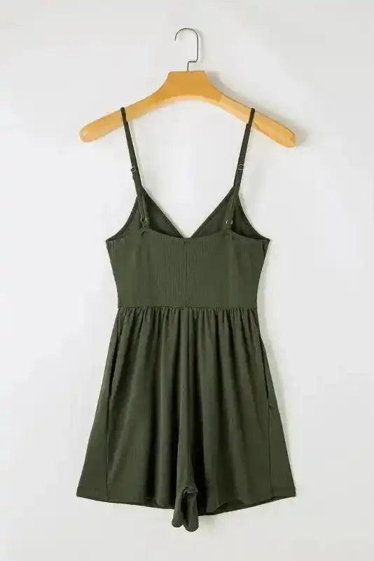 Ribbed Romper - Moss Green Spaghetti Straps Cinched Waist - Fashionfitz