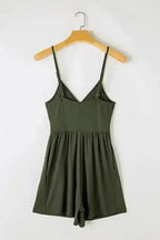 Ribbed Romper - Moss Green Spaghetti Straps Cinched Waist - Fashionfitz