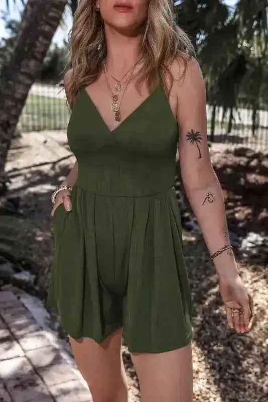 Ribbed Romper - Moss Green Spaghetti Straps Cinched Waist - Fashionfitz