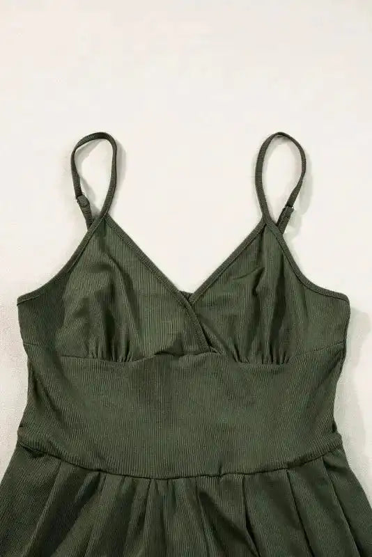 Ribbed Romper - Moss Green Spaghetti Straps Cinched Waist - Fashionfitz