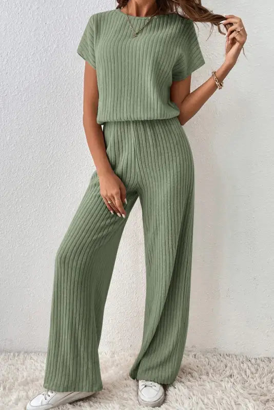 Ribbed short sleeve wide leg jumpsuit - grass green / s / 85% polyester + 10% viscose + 5% elastane - bottoms/jumpsuits