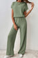 Ribbed short sleeve wide leg jumpsuit - grass green / s / 85% polyester + 10% viscose + 5% elastane - bottoms/jumpsuits