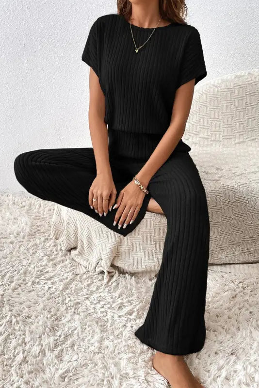 Ribbed short sleeve wide leg jumpsuit - bottoms/jumpsuits & rompers