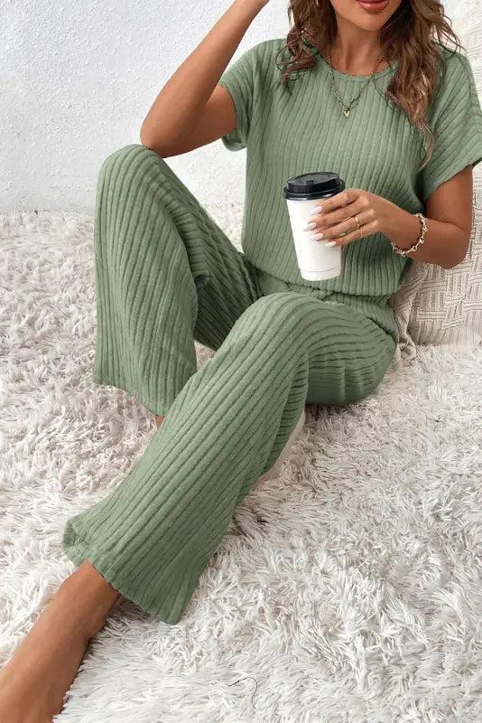 Ribbed short sleeve wide leg jumpsuit - bottoms/jumpsuits & rompers