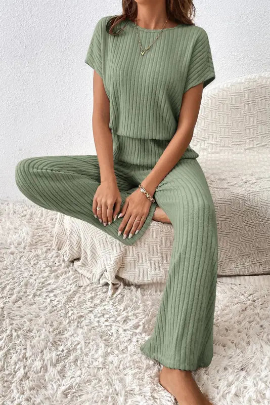 Ribbed short sleeve wide leg jumpsuit - bottoms/jumpsuits & rompers