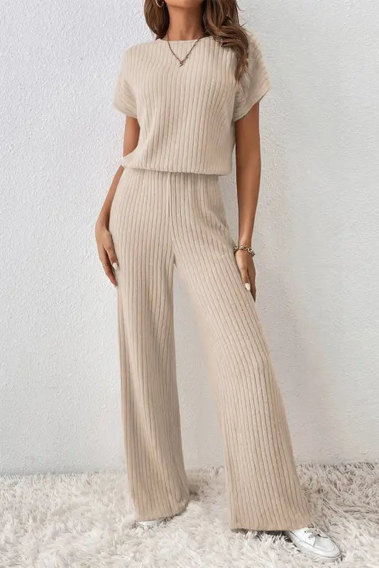 Ribbed short sleeve wide leg jumpsuit - parchment / s / 85% polyester + 10% viscose + 5% elastane - bottoms/jumpsuits &