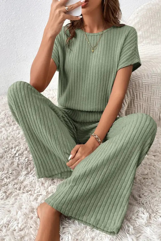 Ribbed short sleeve wide leg jumpsuit - bottoms/jumpsuits & rompers