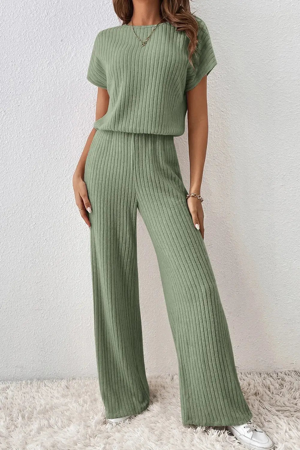Ribbed short sleeve wide leg jumpsuit - bottoms/jumpsuits & rompers