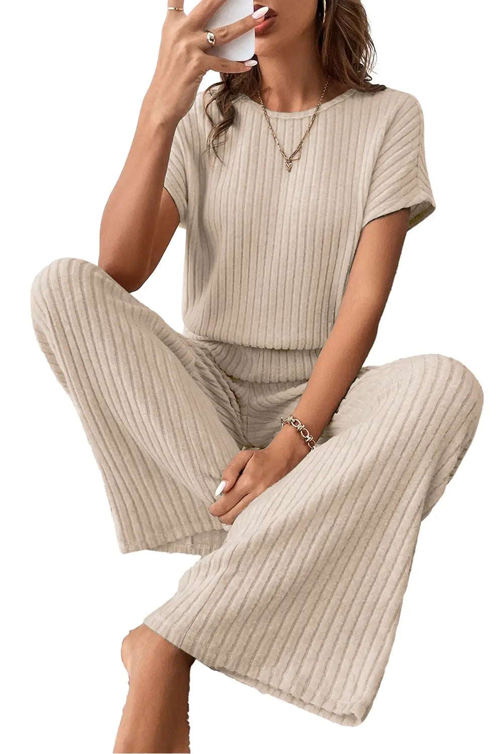 Ribbed short sleeve wide leg jumpsuit - bottoms/jumpsuits & rompers