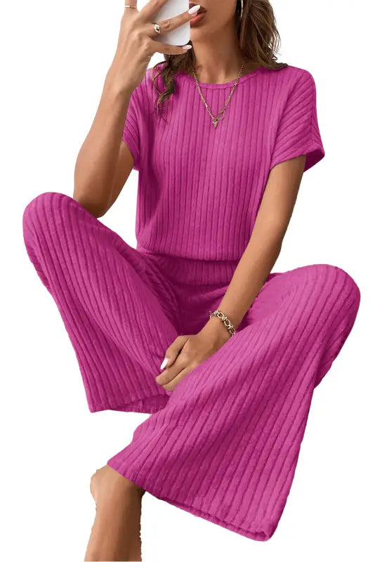 Ribbed short sleeve wide leg jumpsuit - bottoms/jumpsuits & rompers