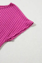 Ribbed Short Sleeve Wide Leg Jumpsuit - Rose-Red - Fashionfitz