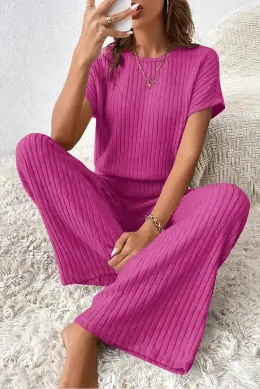 Ribbed Short Sleeve Wide Leg Jumpsuit - Rose-Red - Fashionfitz