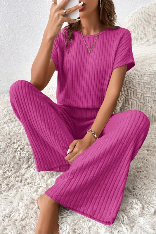 Ribbed short sleeve wide leg jumpsuit - bottoms/jumpsuits & rompers