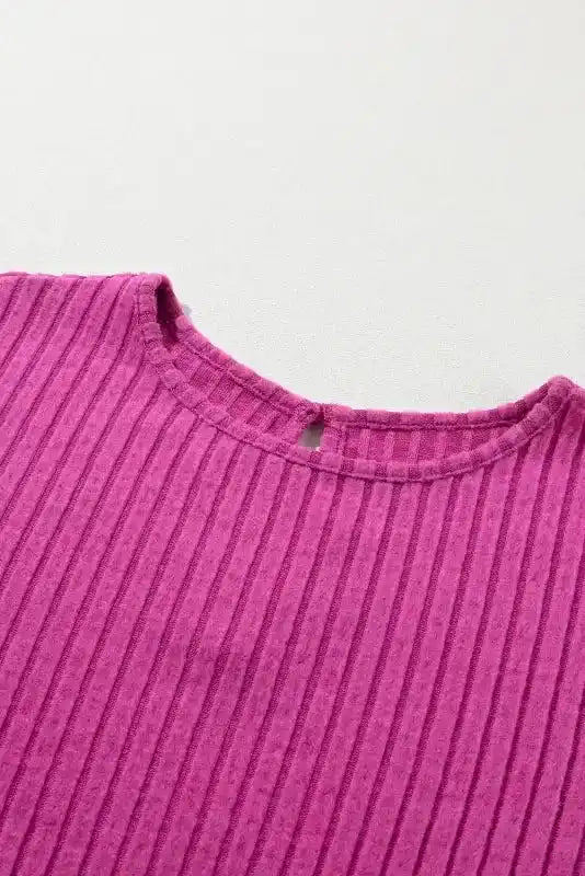 Ribbed Short Sleeve Wide Leg Jumpsuit - Rose-Red - Fashionfitz