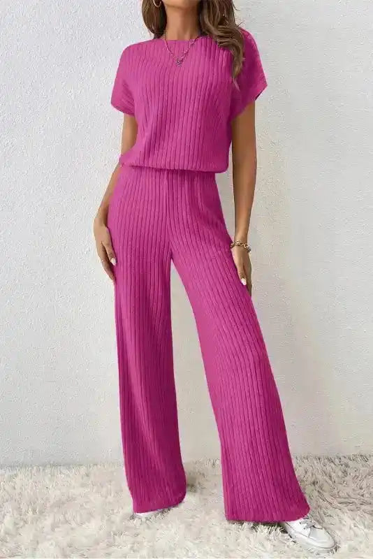 Ribbed Short Sleeve Wide Leg Jumpsuit - Rose-Red - Fashionfitz