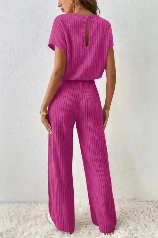 Ribbed Short Sleeve Wide Leg Jumpsuit - Rose-Red - Fashionfitz