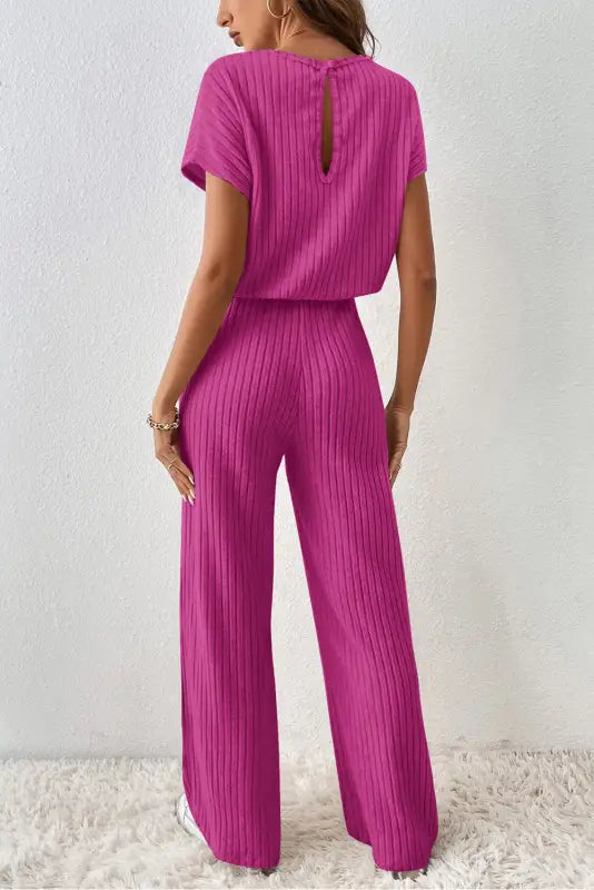 Ribbed short sleeve wide leg jumpsuit - bottoms/jumpsuits & rompers