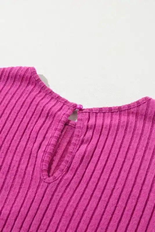 Ribbed Short Sleeve Wide Leg Jumpsuit - Rose-Red - Fashionfitz