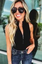 Ribbed Sleeveless Bodysuit - Black Zip-up Mock Neck - Fashionfitz