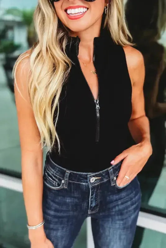 Ribbed Sleeveless Bodysuit - Black Zip-up Mock Neck - Fashionfitz