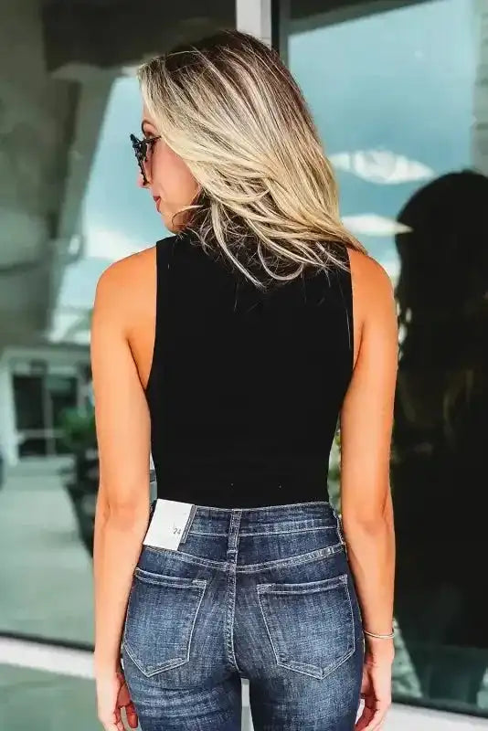 Ribbed Sleeveless Bodysuit - Black Zip-up Mock Neck - Fashionfitz