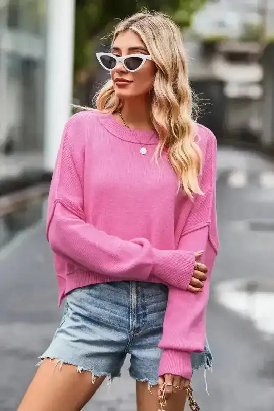 Ribbed Trim Drop Shoulder Baggy Sweater - Fashionfitz