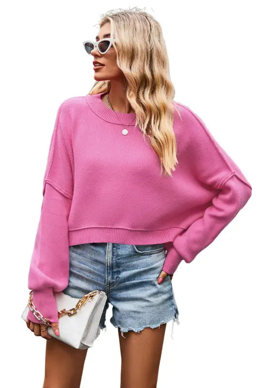 Ribbed trim drop shoulder baggy sweater - tops