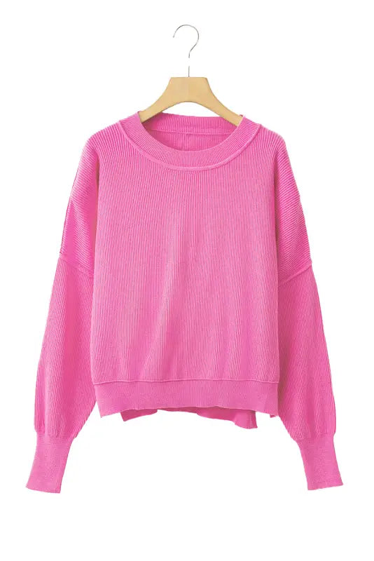 Ribbed trim drop shoulder baggy sweater - tops