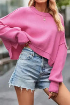 Ribbed Trim Drop Shoulder Baggy Sweater - Fashionfitz