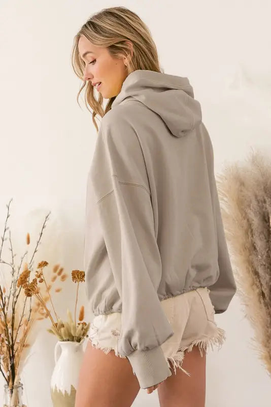 Gray ribbed trim kangaroo pocket zipped hoodie - sweatshirts & hoodies