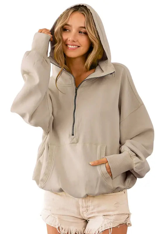 Gray ribbed trim kangaroo pocket zipped hoodie - sweatshirts & hoodies