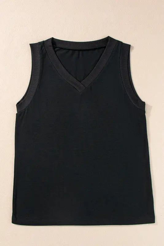 Black ribbed v neck tank top - tops