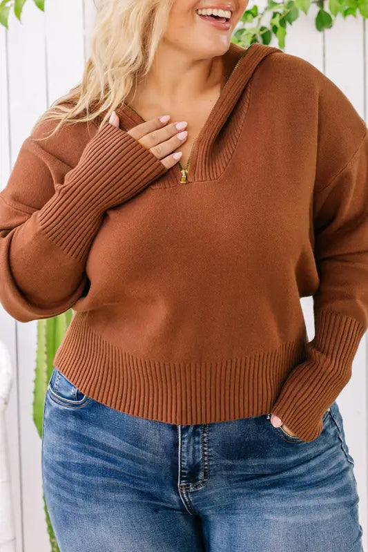 Ribbed zip collar sweater - plus size - brown / 1x / 50% viscose + 28% polyester + 22% polyamide - sweaters