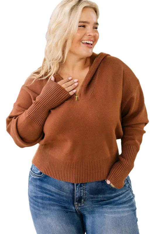 Ribbed zip collar sweater - plus size - sweaters