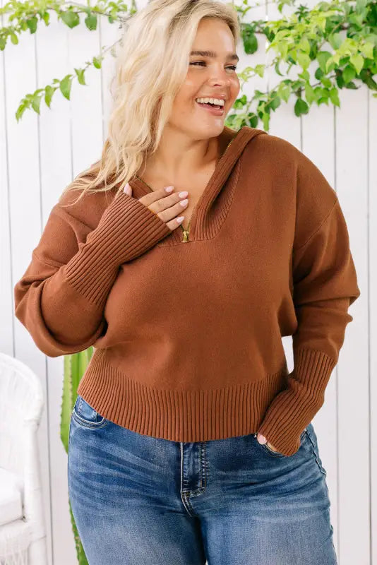 Ribbed zip collar sweater - plus size - sweaters