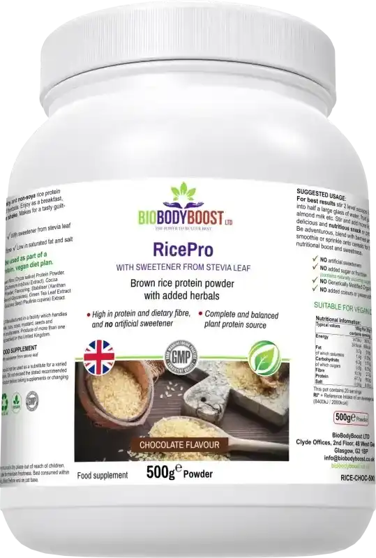 RicePro Chocolate front-angle view — vegan dairy-free protein powder for daily nutrition support, BioBodyBoost UK