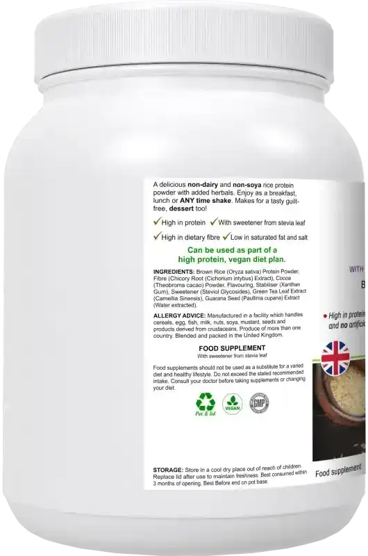 RicePro Chocolate angled view — plant-based rice protein powder for muscle nourishment and recovery, BioBodyBoost UK