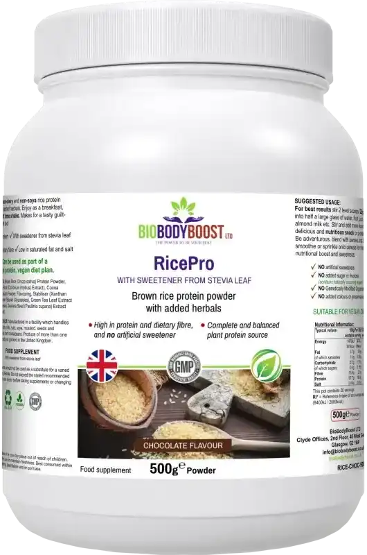 RicePro Chocolate Rice Protein Powder — smooth brown rice protein with phytonutrients and minerals, dairy-free plant-based, BioBodyBoost UK