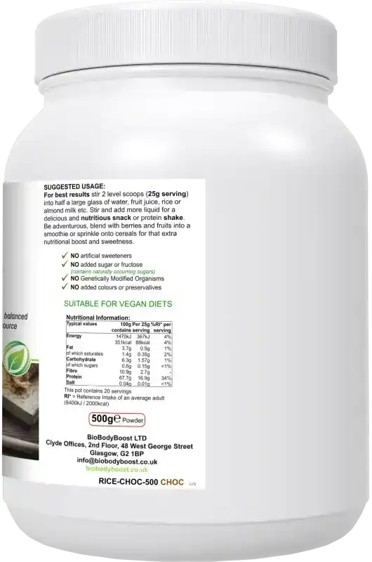 Back label of RicePro Chocolate showing rice protein content, phytonutrients and nutritional information per serving